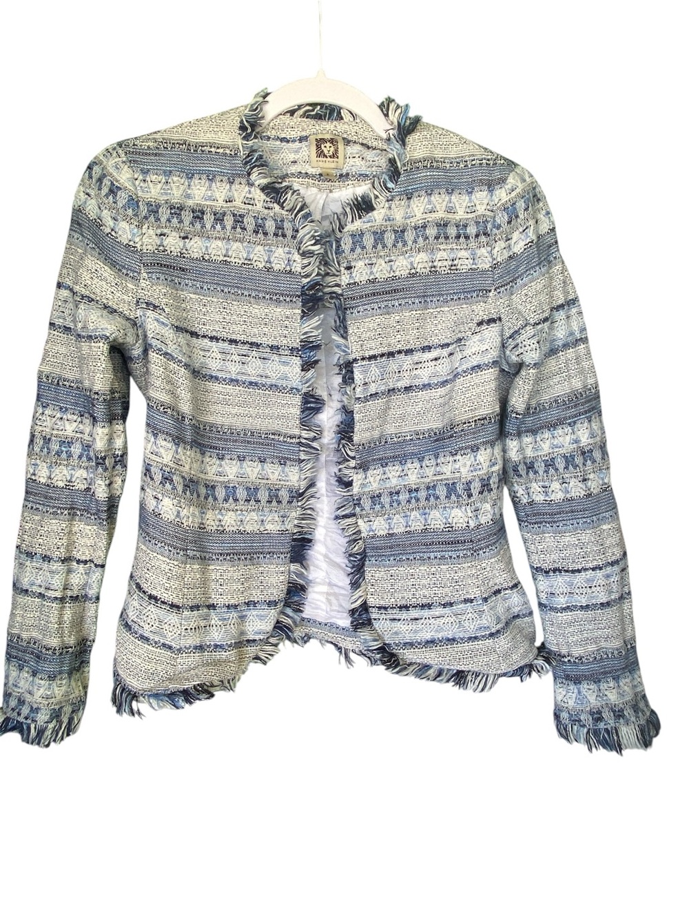 Anne Klein blue/white fringe Boho open front lined blazer women size 4